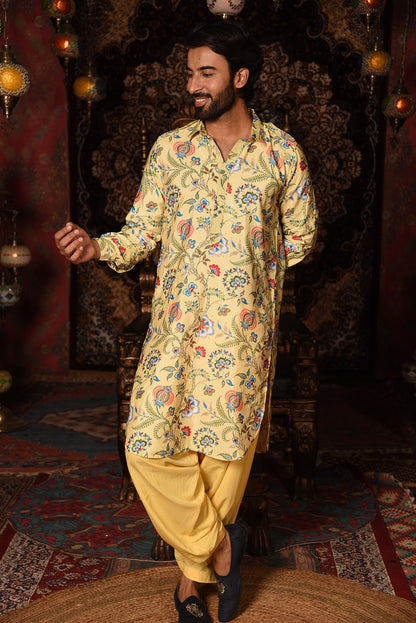 YELLOW PRINTED PATHANI KURTA SET