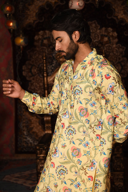 YELLOW PRINTED PATHANI KURTA SET