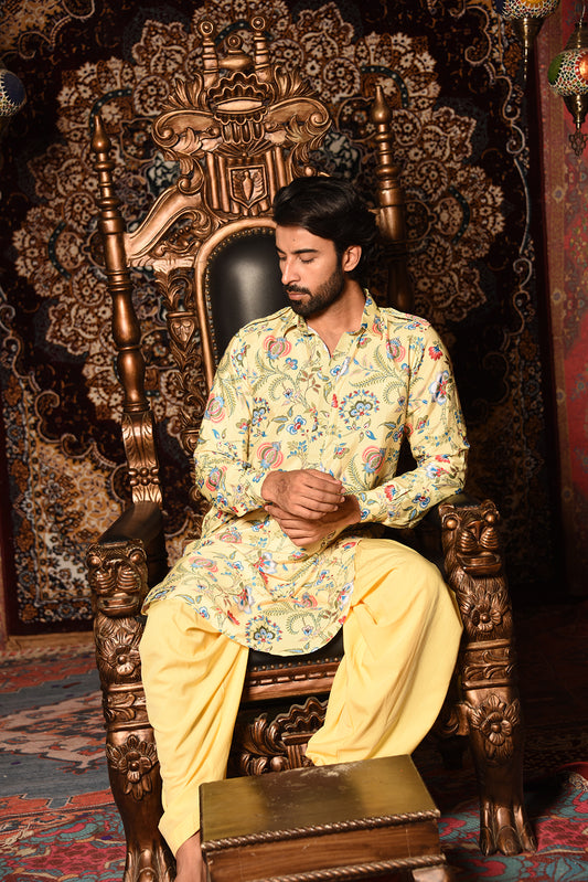 YELLOW PRINTED PATHANI KURTA SET