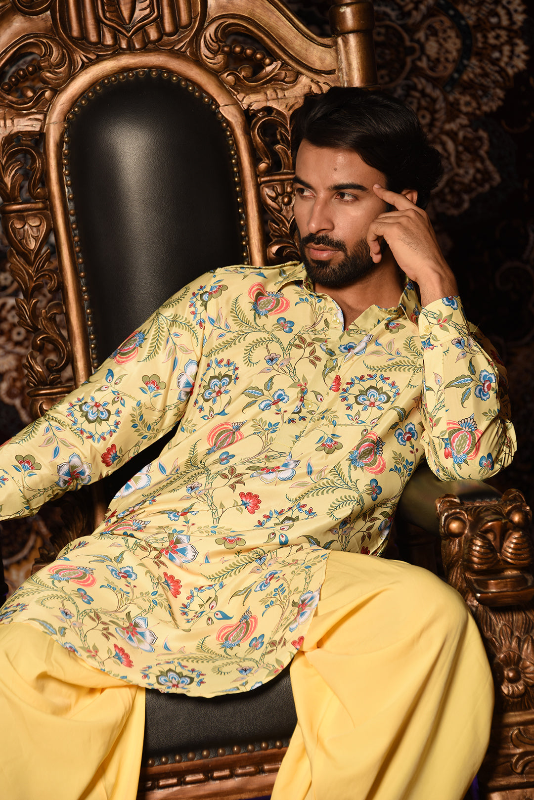 YELLOW PRINTED PATHANI KURTA SET