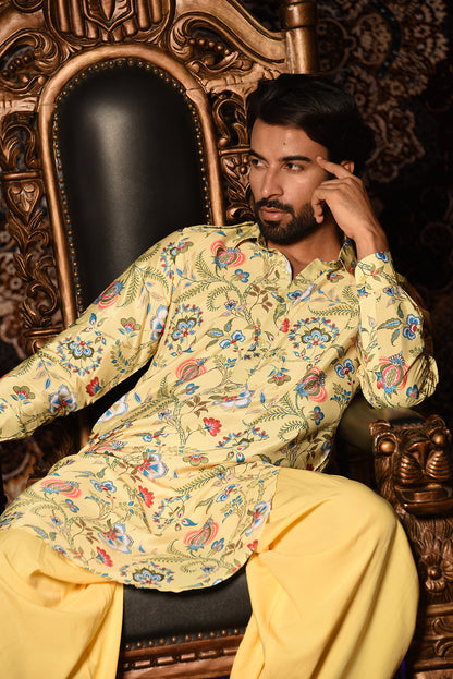 YELLOW PRINTED PATHANI KURTA SET