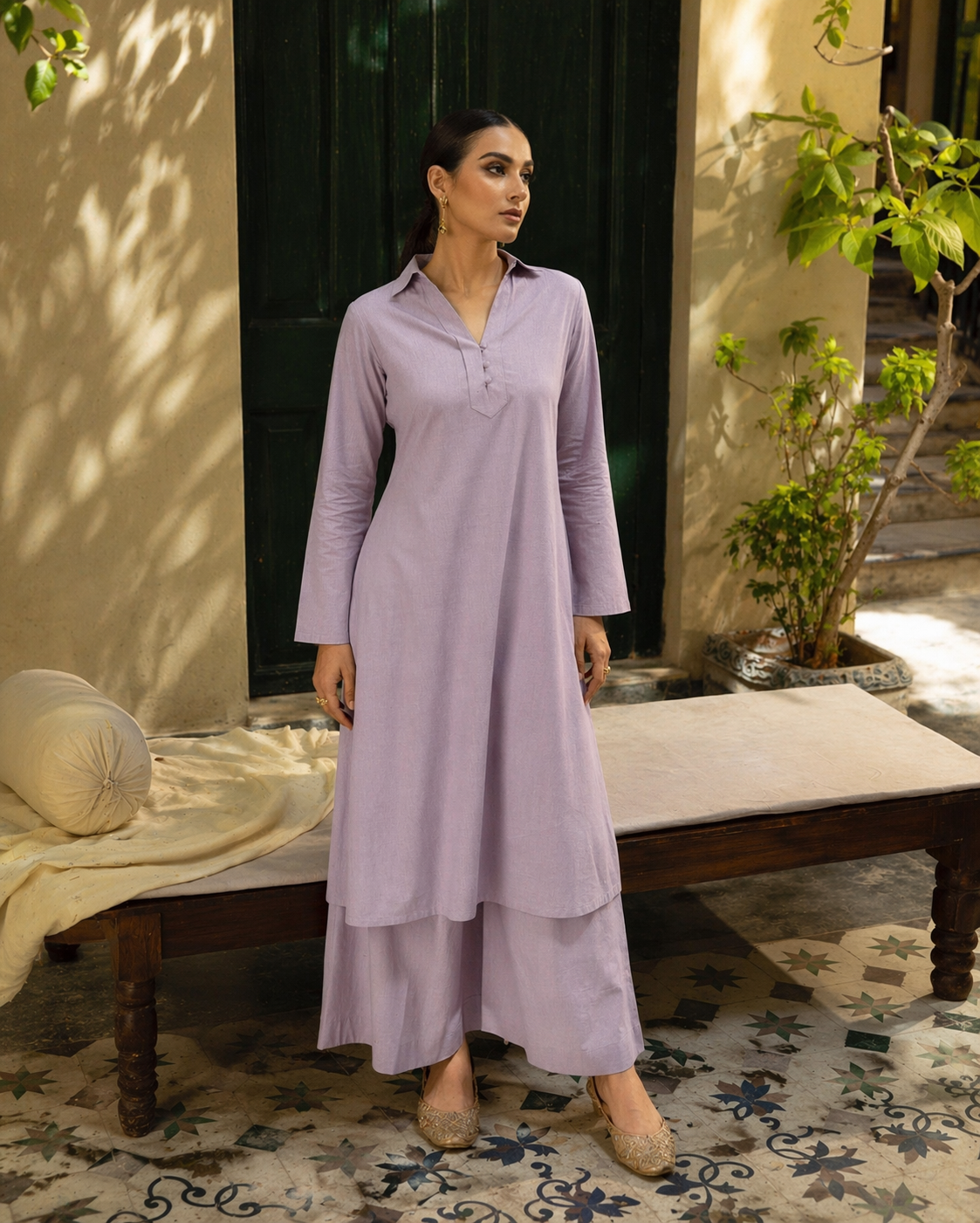 Laalzari lavender linen collar-neck kurta and wide-leg palazzo co-ord set for women — front view