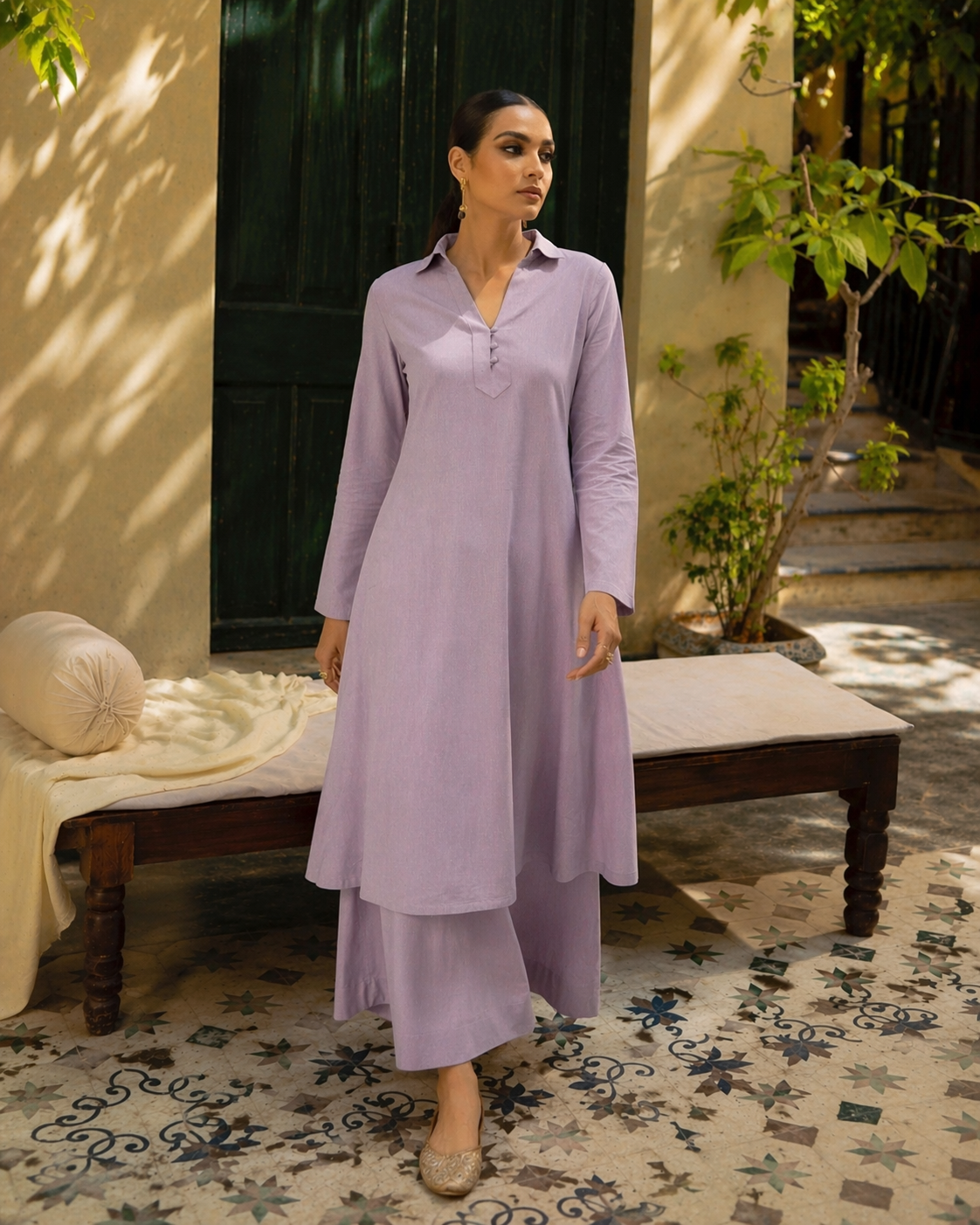Laalzari lavender linen collar-neck kurta and wide-leg palazzo co-ord set for women — styled look