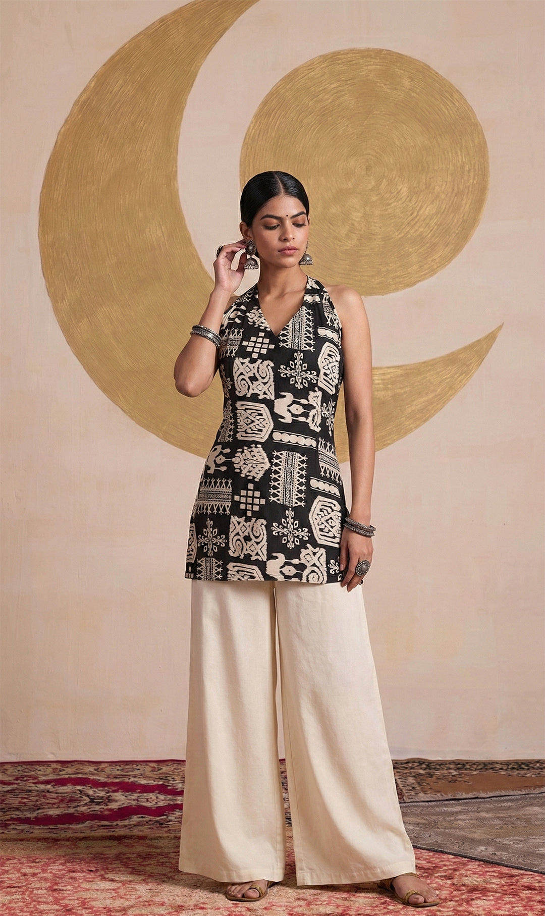 Laalzari black tribal-print sleeveless tunic and palazzo co-ord set for women — side view