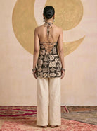 Laalzari black tribal-print sleeveless tunic and palazzo co-ord set for women — back view
