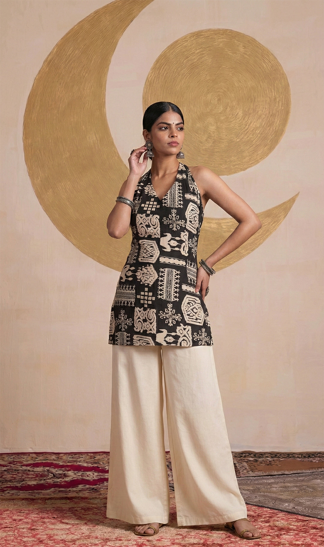 Laalzari black tribal-print sleeveless tunic and palazzo co-ord set for women — front view