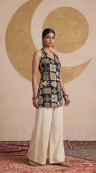 Laalzari black tribal-print sleeveless tunic and palazzo co-ord set for women — full-length view