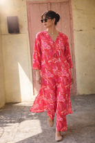 Laalzari coral floral printed muslin V-neck kurta and wide-leg palazzo co-ord set for women — styled look