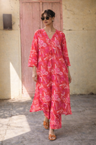 Laalzari coral floral printed muslin V-neck kurta and wide-leg palazzo co-ord set for women — full-length view