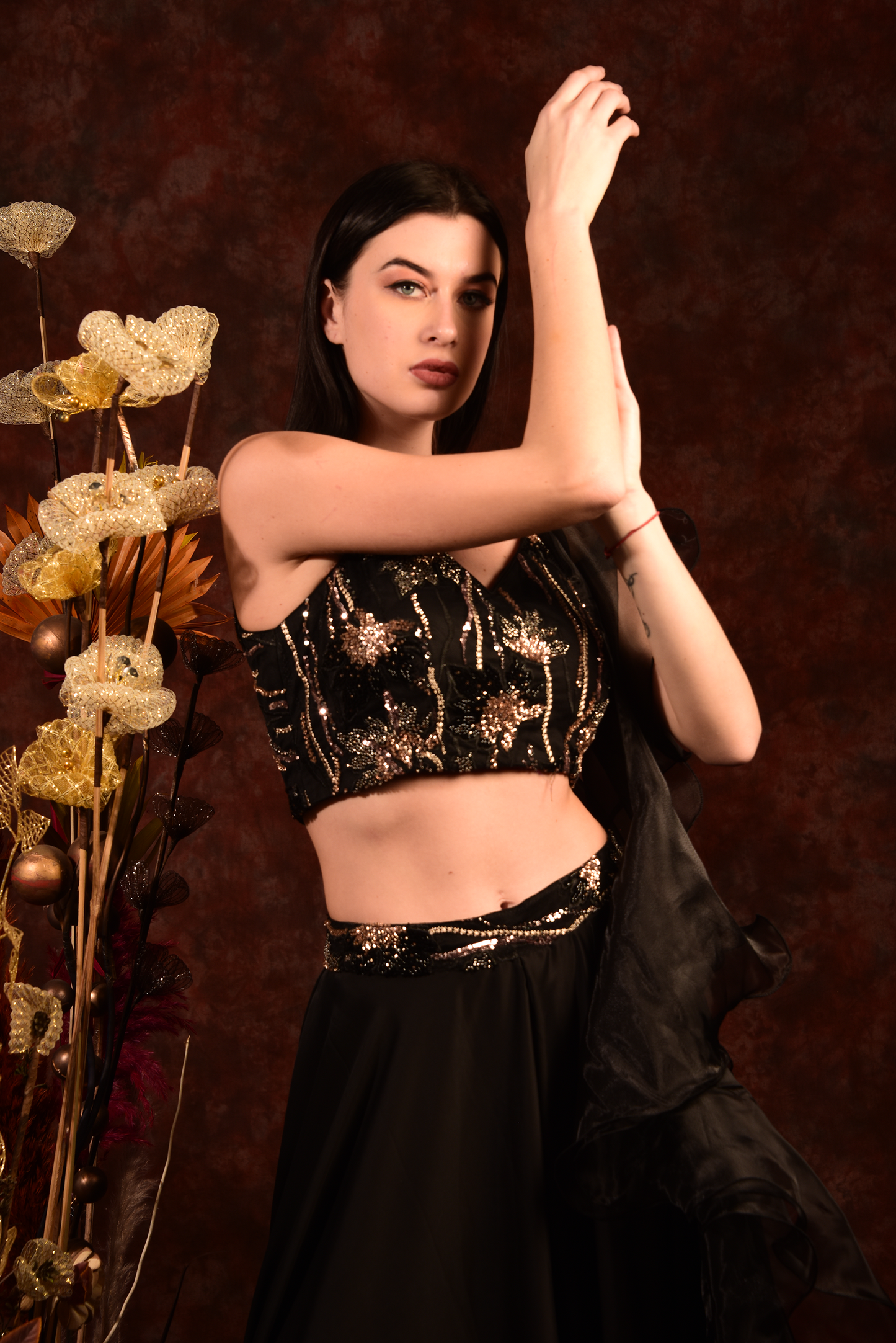 Black embroidered crop top with wide palazo