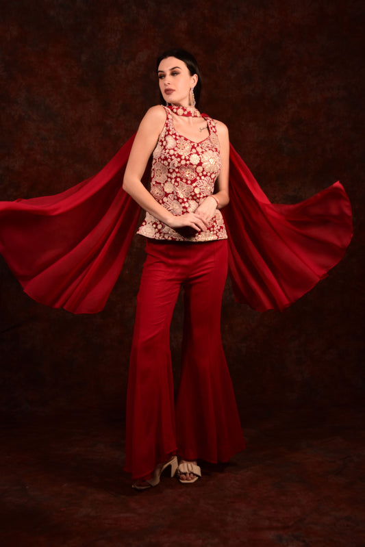 CHERRY RED TOP WITH BELL BOTTOM PANTS AND DUPATTA