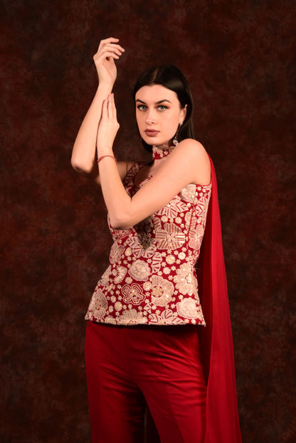 CHERRY RED TOP WITH BELL BOTTOM PANTS AND DUPATTA