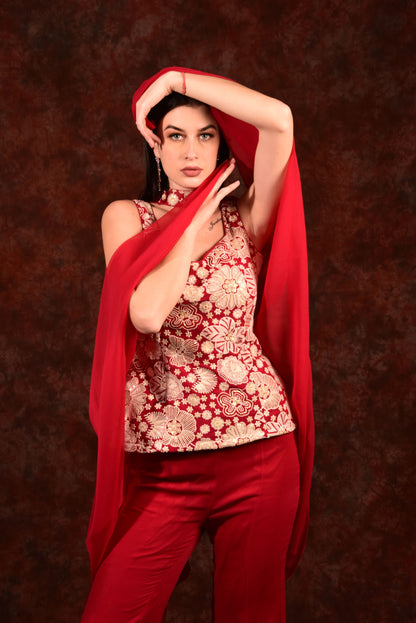 CHERRY RED TOP WITH BELL BOTTOM PANTS AND DUPATTA