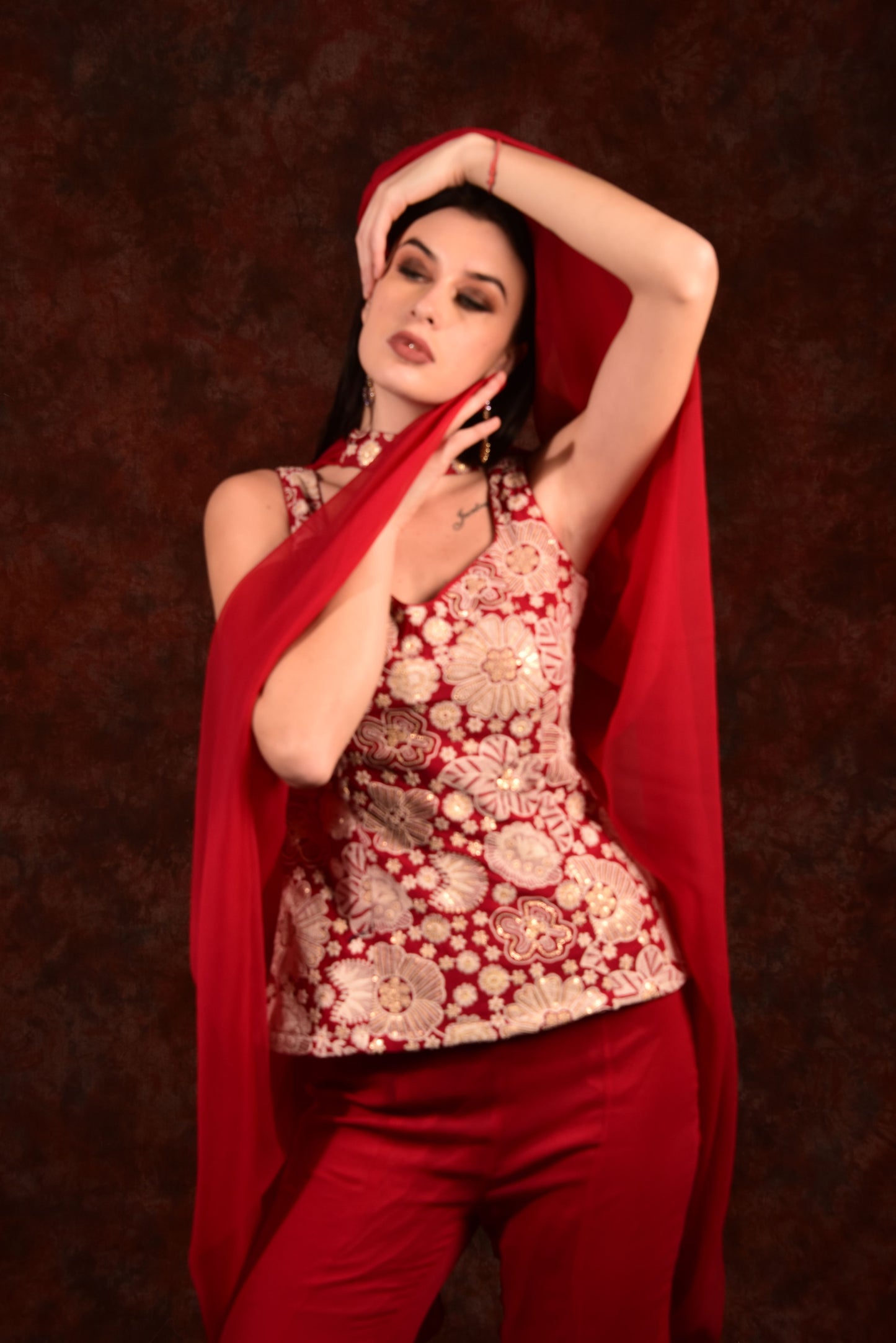 CHERRY RED TOP WITH BELL BOTTOM PANTS AND DUPATTA