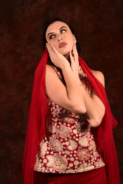 CHERRY RED TOP WITH BELL BOTTOM PANTS AND DUPATTA