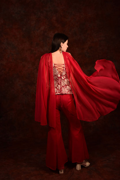 CHERRY RED TOP WITH BELL BOTTOM PANTS AND DUPATTA