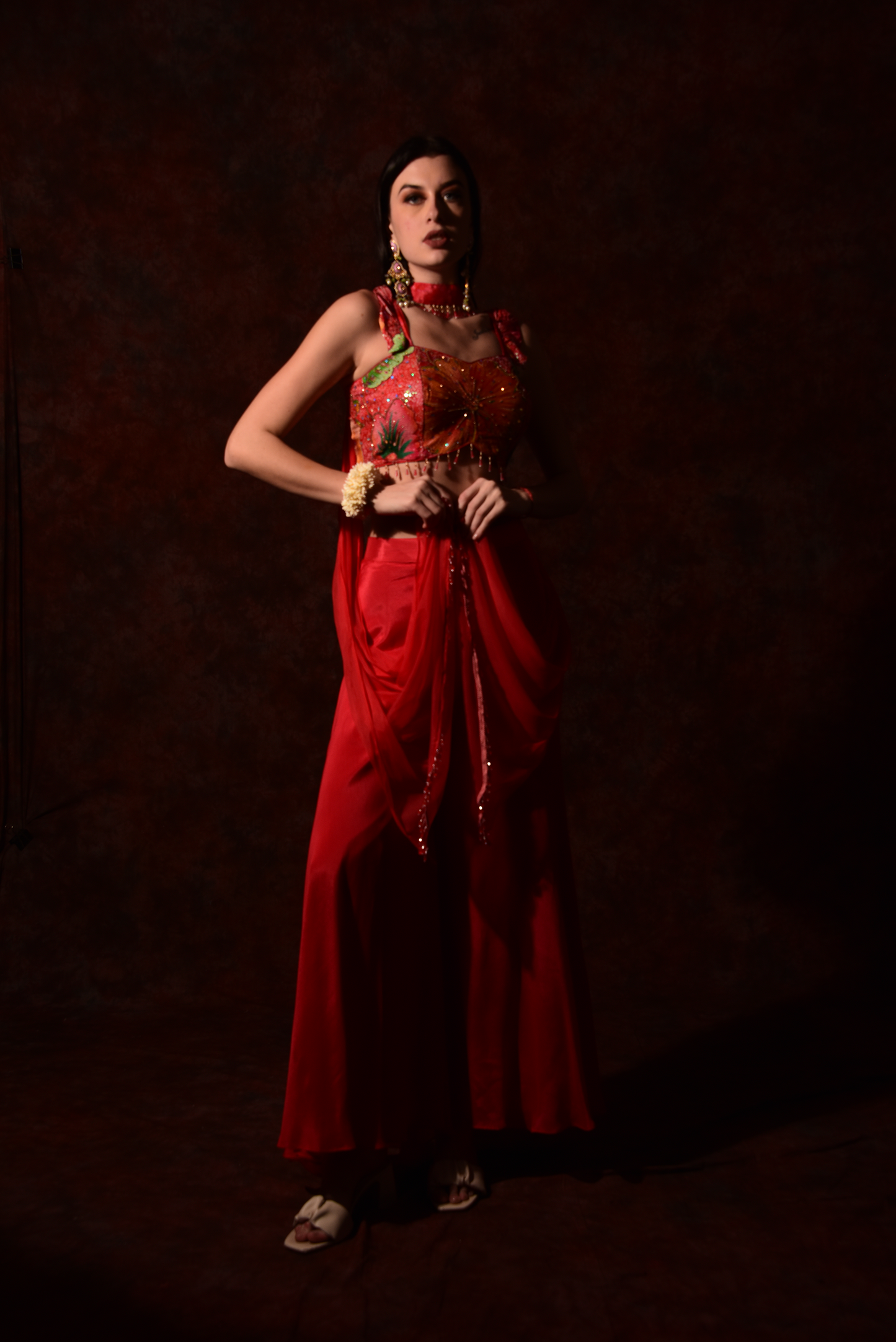 Tomato red crop top skirt with dupatta