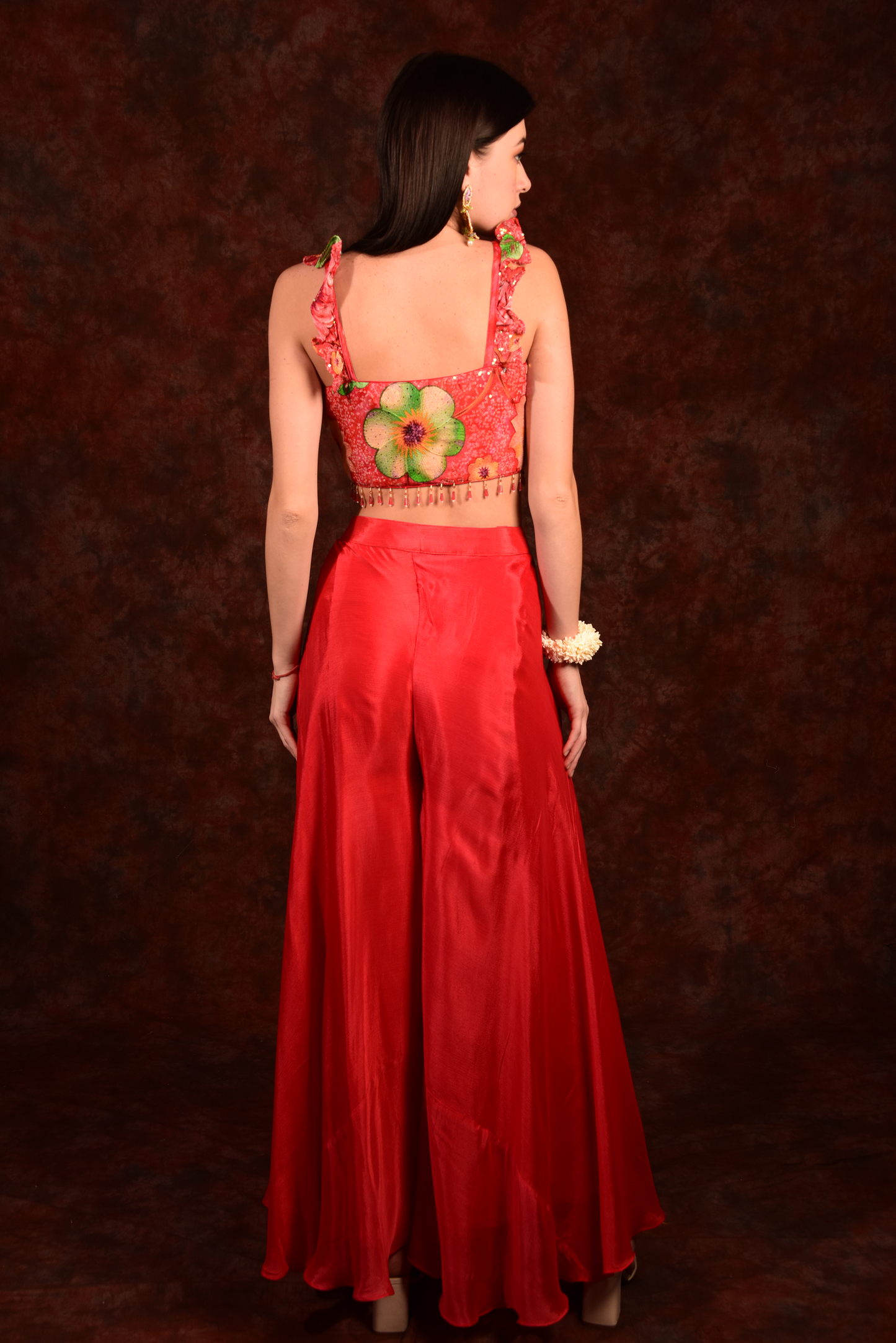Tomato red crop top skirt with dupatta