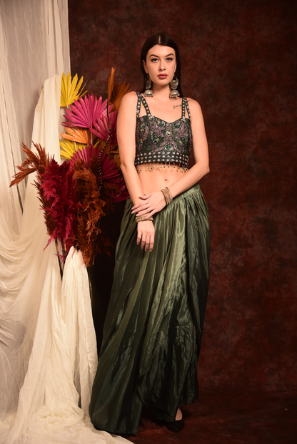 GREEN HAND EMBROIDED CROPTOP WITH WRAP SKIRT AND SHRUG