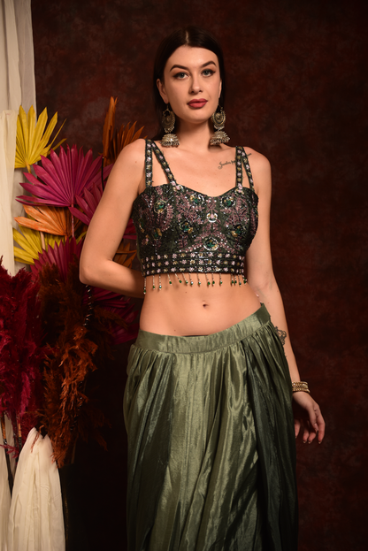 GREEN HAND EMBROIDED CROPTOP WITH WRAP SKIRT AND SHRUG