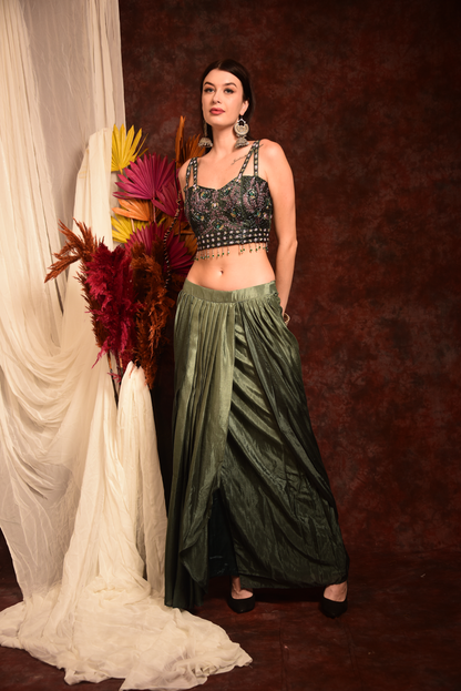 GREEN HAND EMBROIDED CROPTOP WITH WRAP SKIRT AND SHRUG