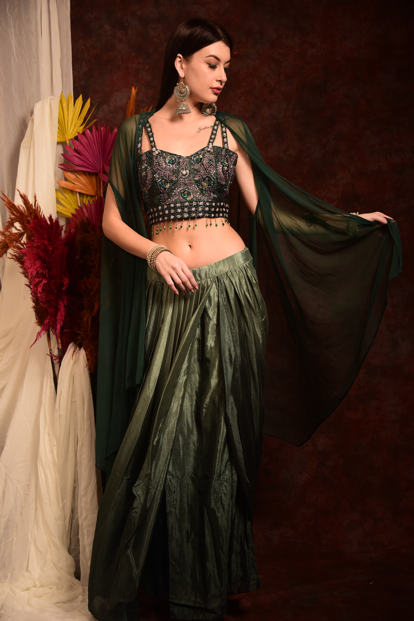 GREEN HAND EMBROIDED CROPTOP WITH WRAP SKIRT AND SHRUG