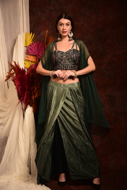 GREEN HAND EMBROIDED CROPTOP WITH WRAP SKIRT AND SHRUG