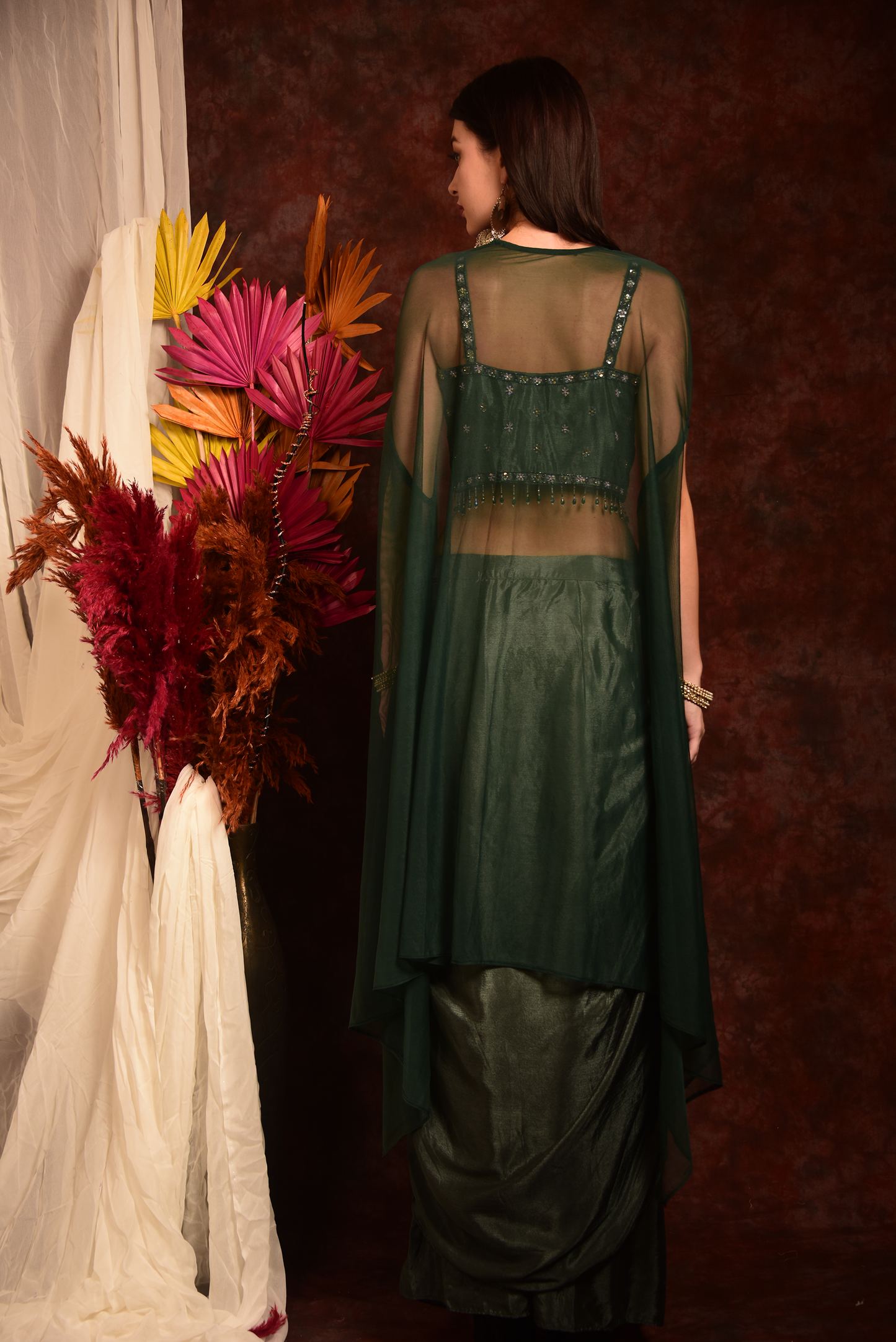 GREEN HAND EMBROIDED CROPTOP WITH WRAP SKIRT AND SHRUG