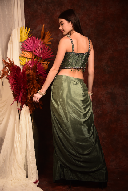 GREEN HAND EMBROIDED CROPTOP WITH WRAP SKIRT AND SHRUG