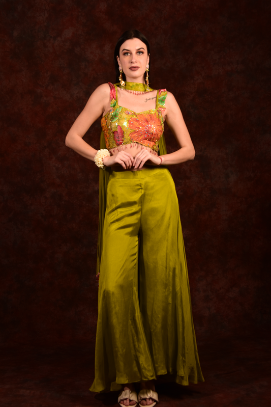 Green Crop Top Palazzo With Dupatta