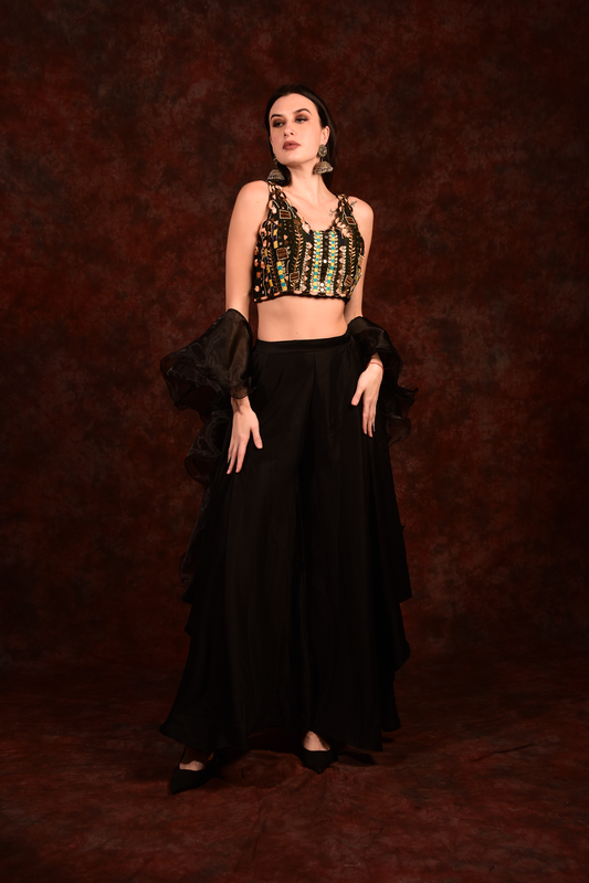 Thread embroidered black crop top with wide palazzo