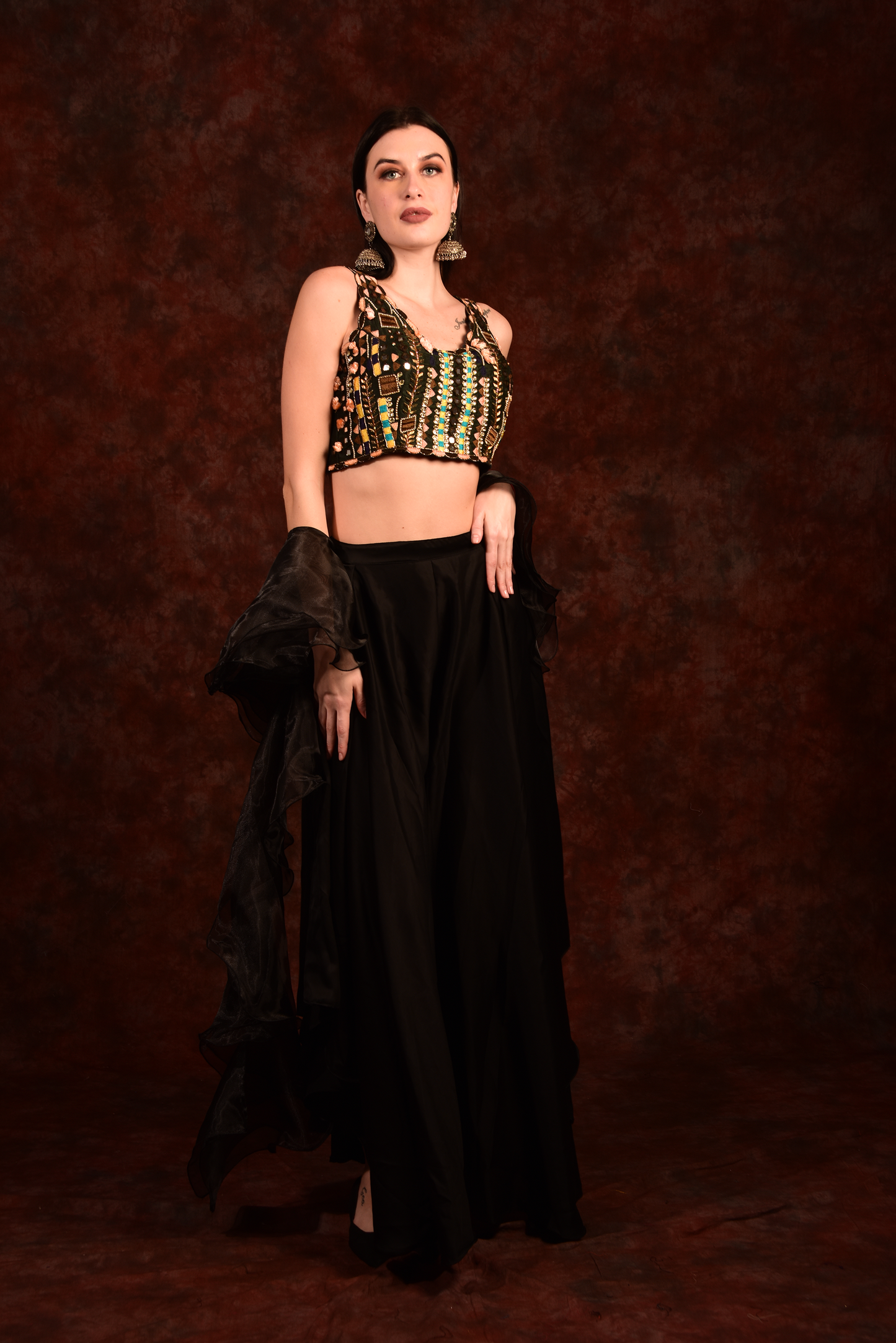 Thread embroidered black crop top with wide palazzo