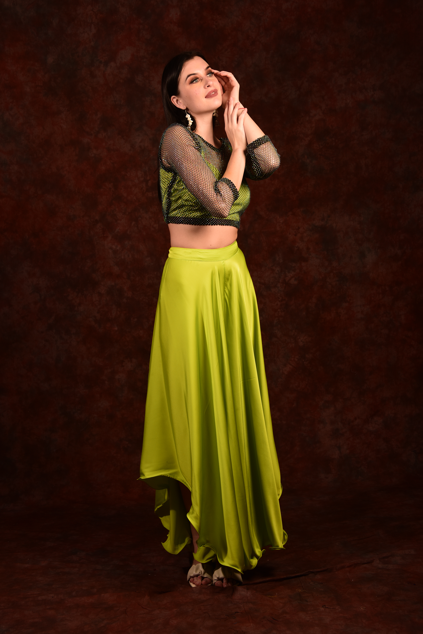 Neon green crop- top with side slit wide palazzo and jacket