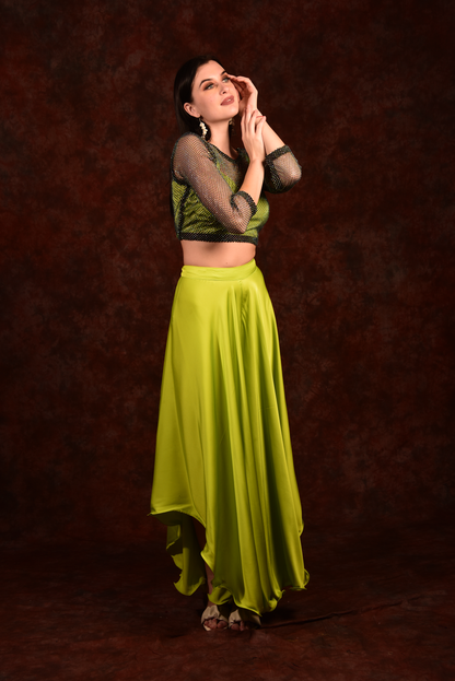Neon green crop- top with side slit wide palazzo and jacket