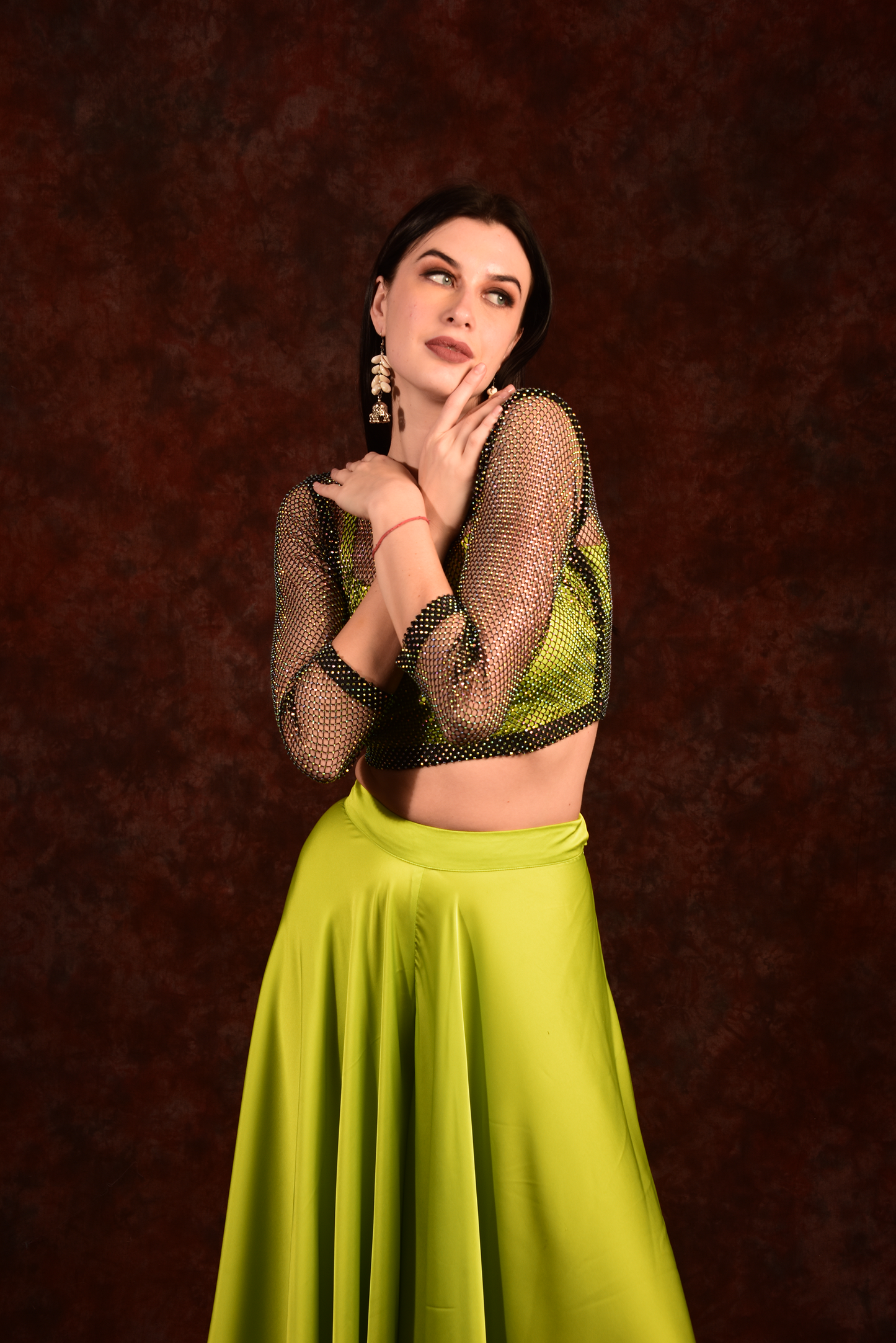 Neon green crop- top with side slit wide palazzo and jacket