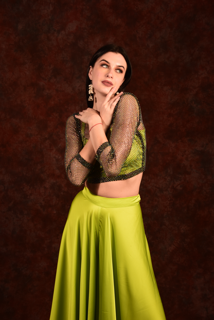 Neon Green Crop Top With Side Slit Wide Palazzo And Jacket