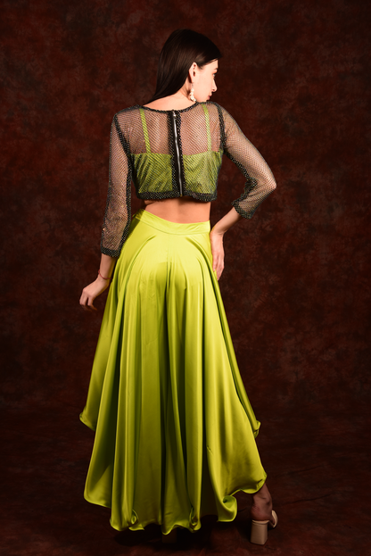 Neon green crop- top with side slit wide palazzo and jacket