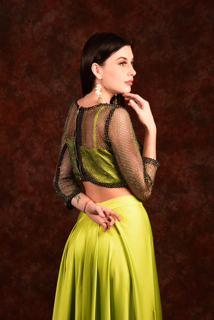 Neon green crop- top with side slit wide palazzo and jacket