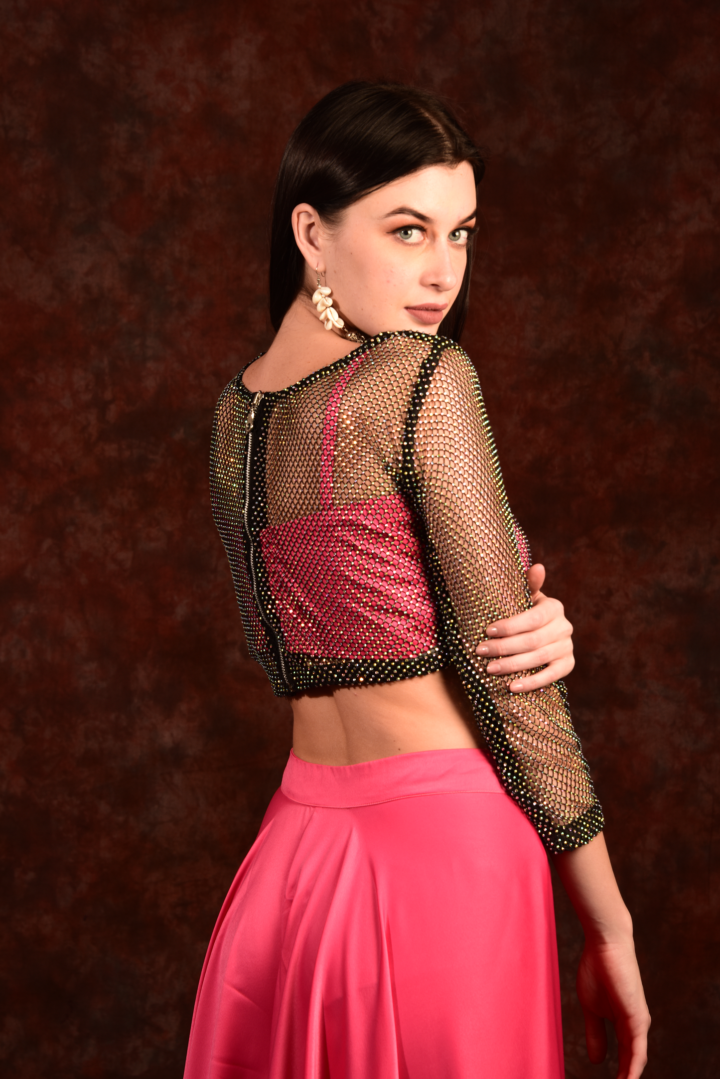 Neon pink crop top with wide palazzo and mesh net jacket