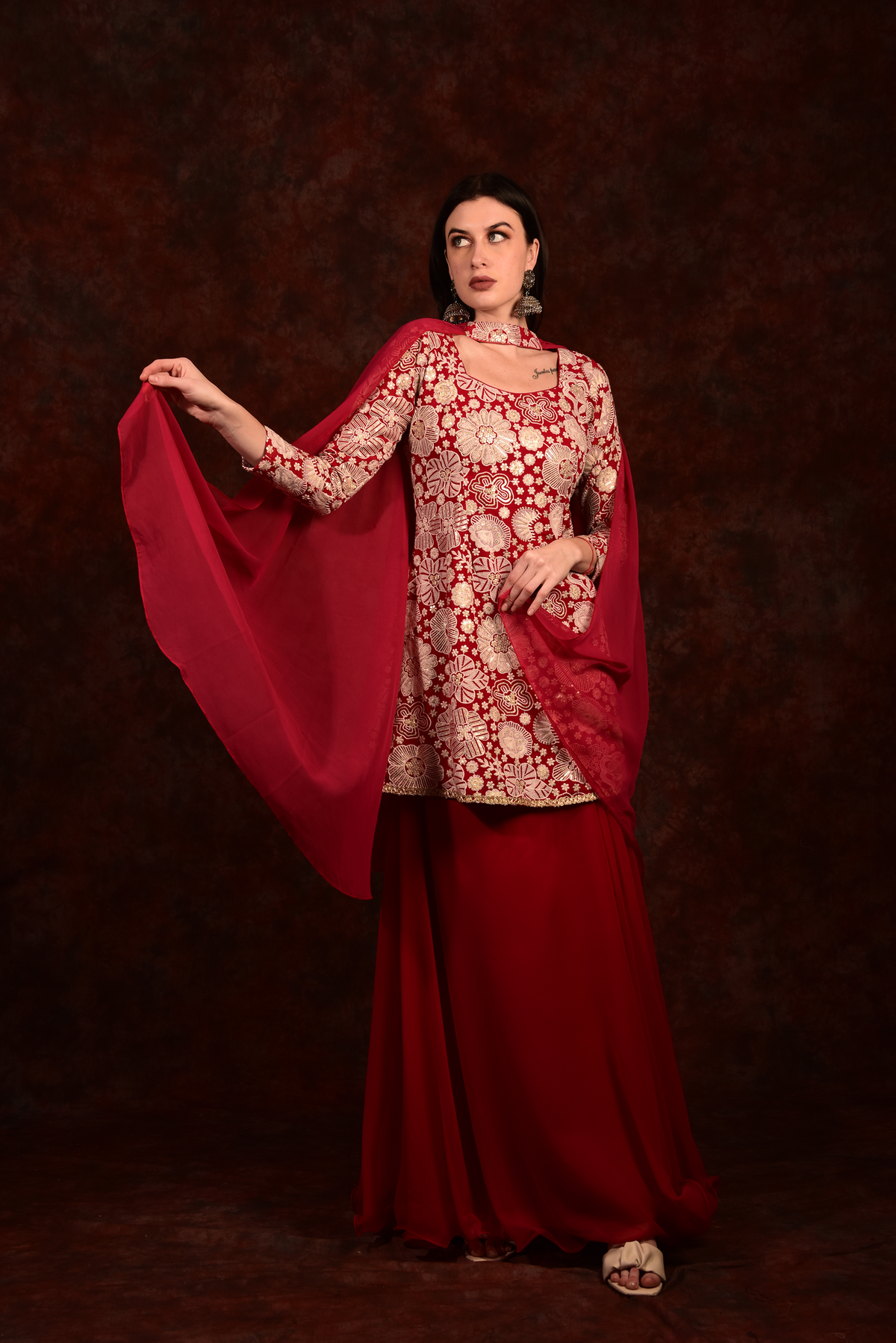 Red Peplum Top with Skirt & Dupatta | Laalzari