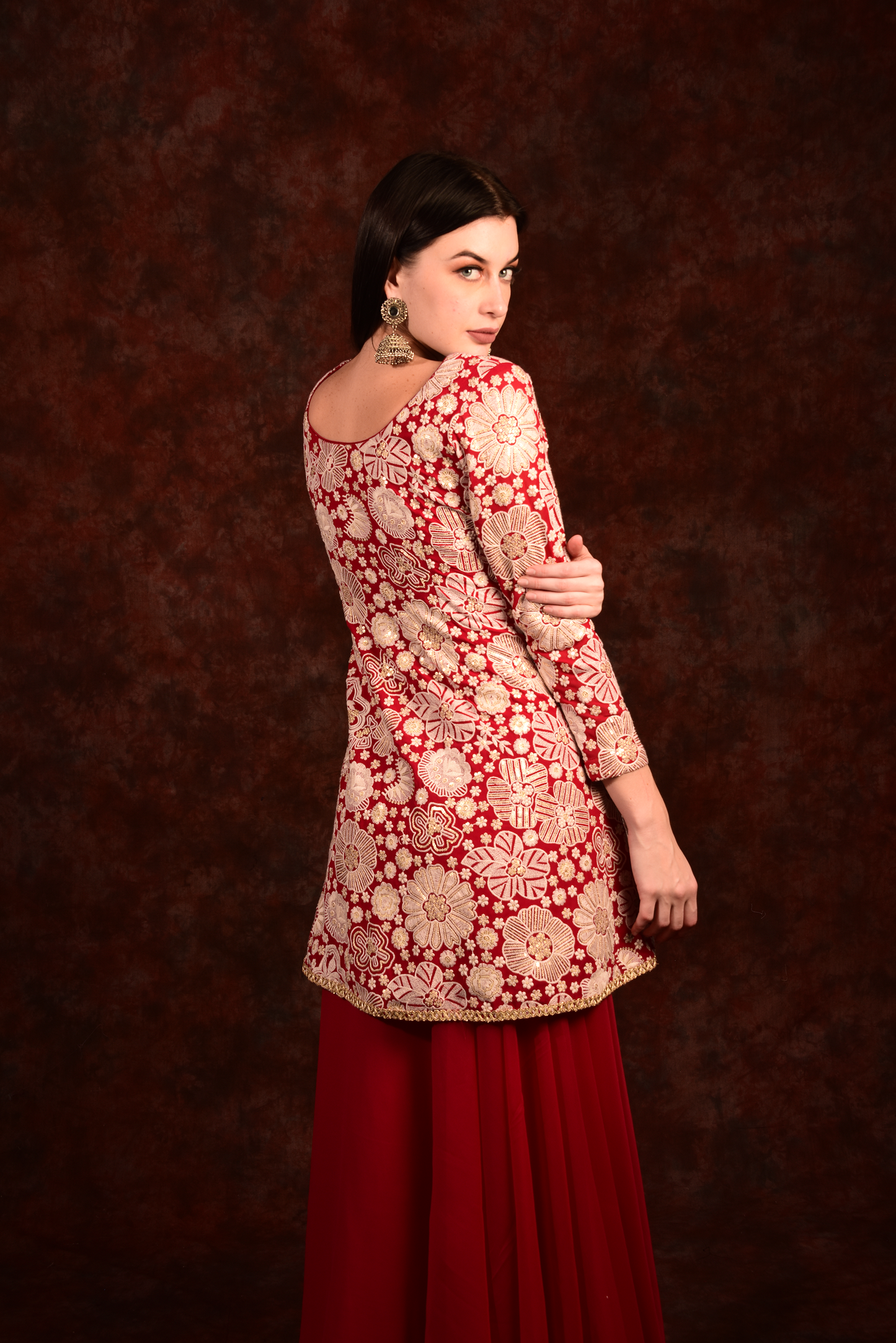 Cherry red peplum kurta and skirt with dupatta