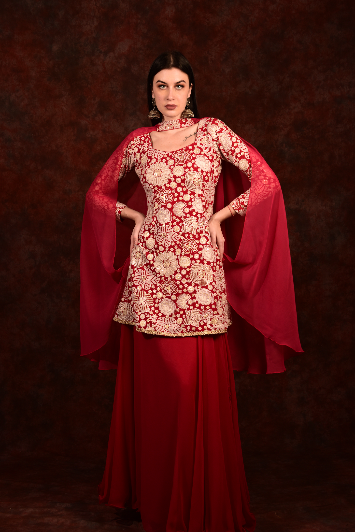Cherry red peplum kurta and skirt with dupatta