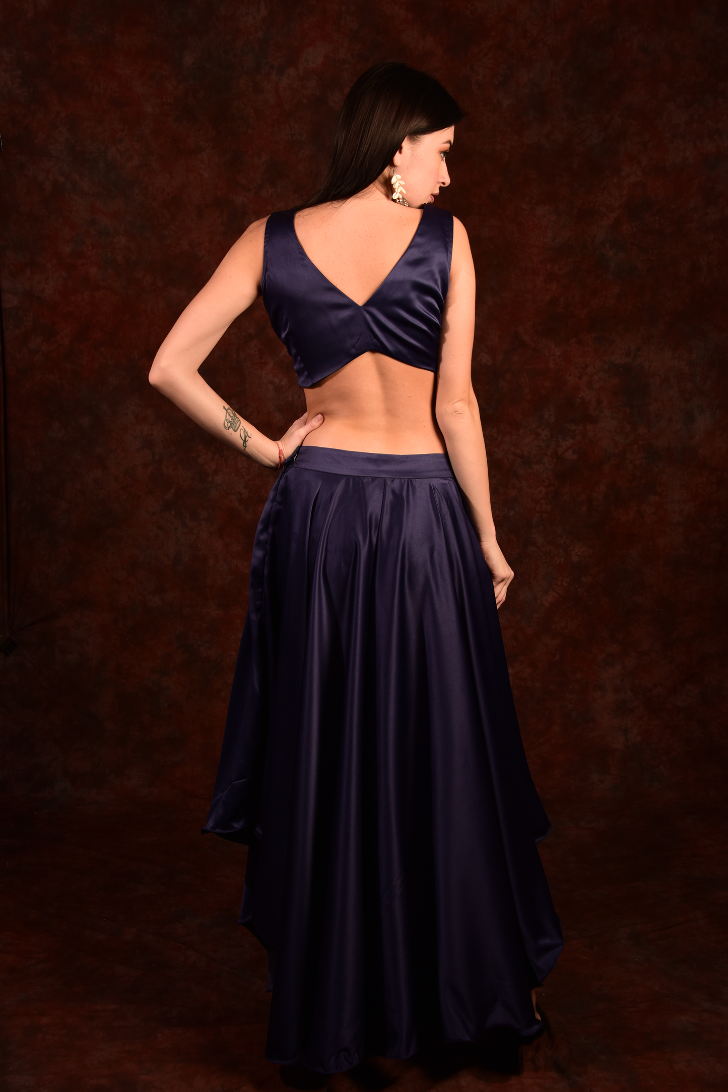 Dark blue crop top with side slit palazzo and shrug