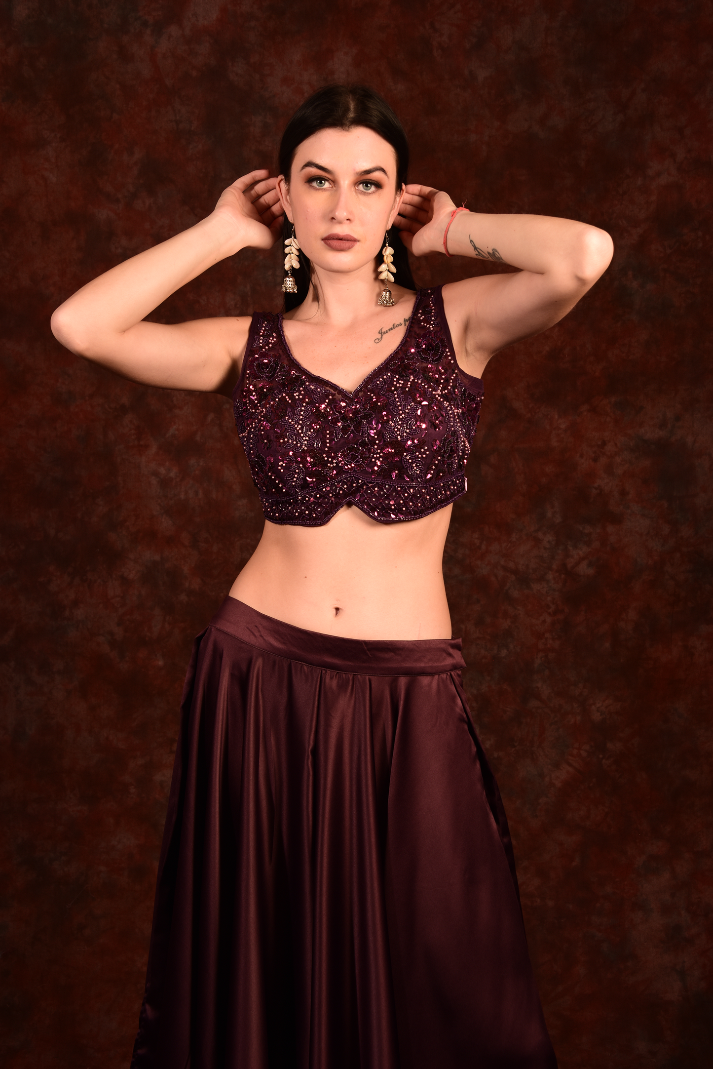 Dark maroon embroidered crop top with palazzo and shrug