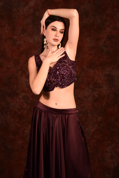 Dark Maroon Embroidered Crop Top With Palazzo And Shrug