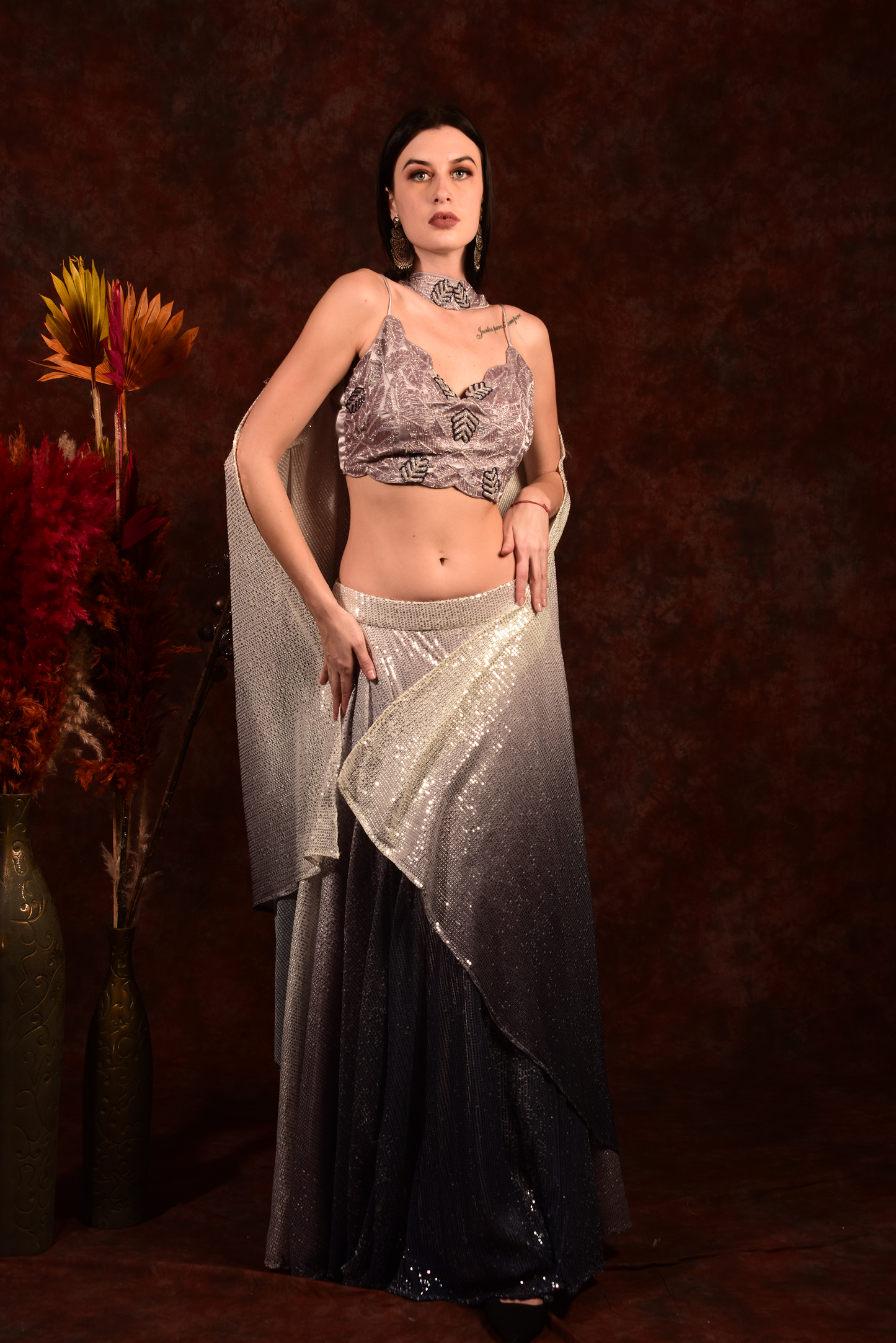 Ombre Sequence Crop Top Skirt With Dupatta