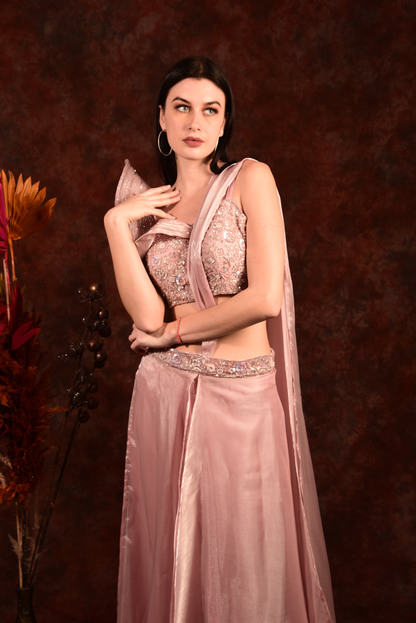 Baby pink crop top with palazzo and attached dupatta