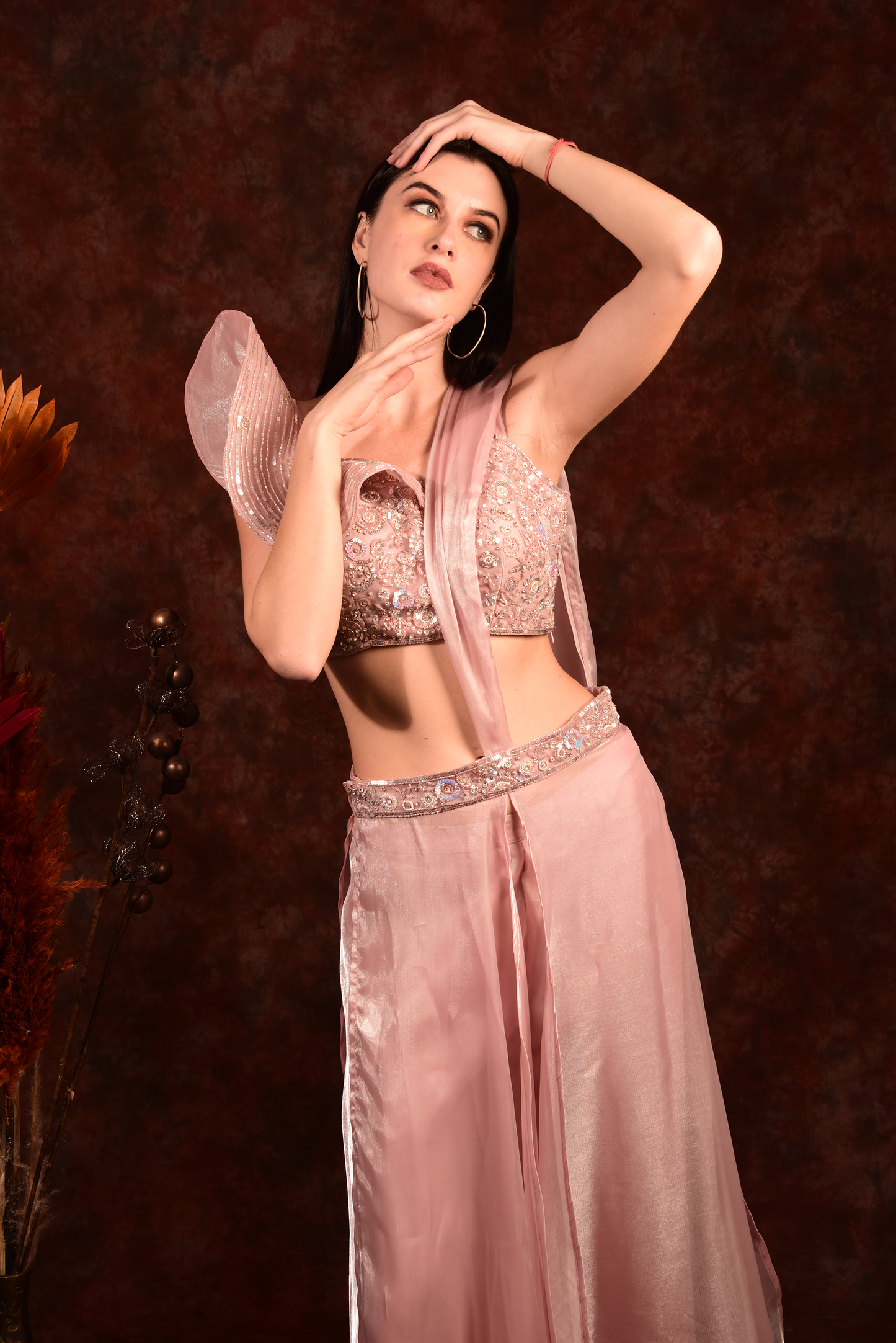 Baby pink crop top with palazzo and attached dupatta