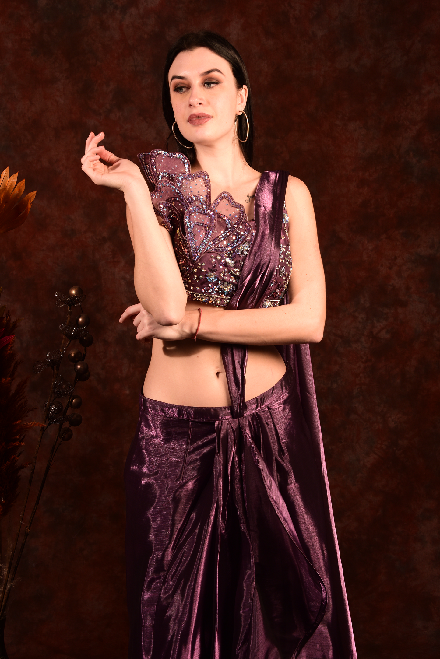 Metallic purple crop top with drape skirt and attached dupatta