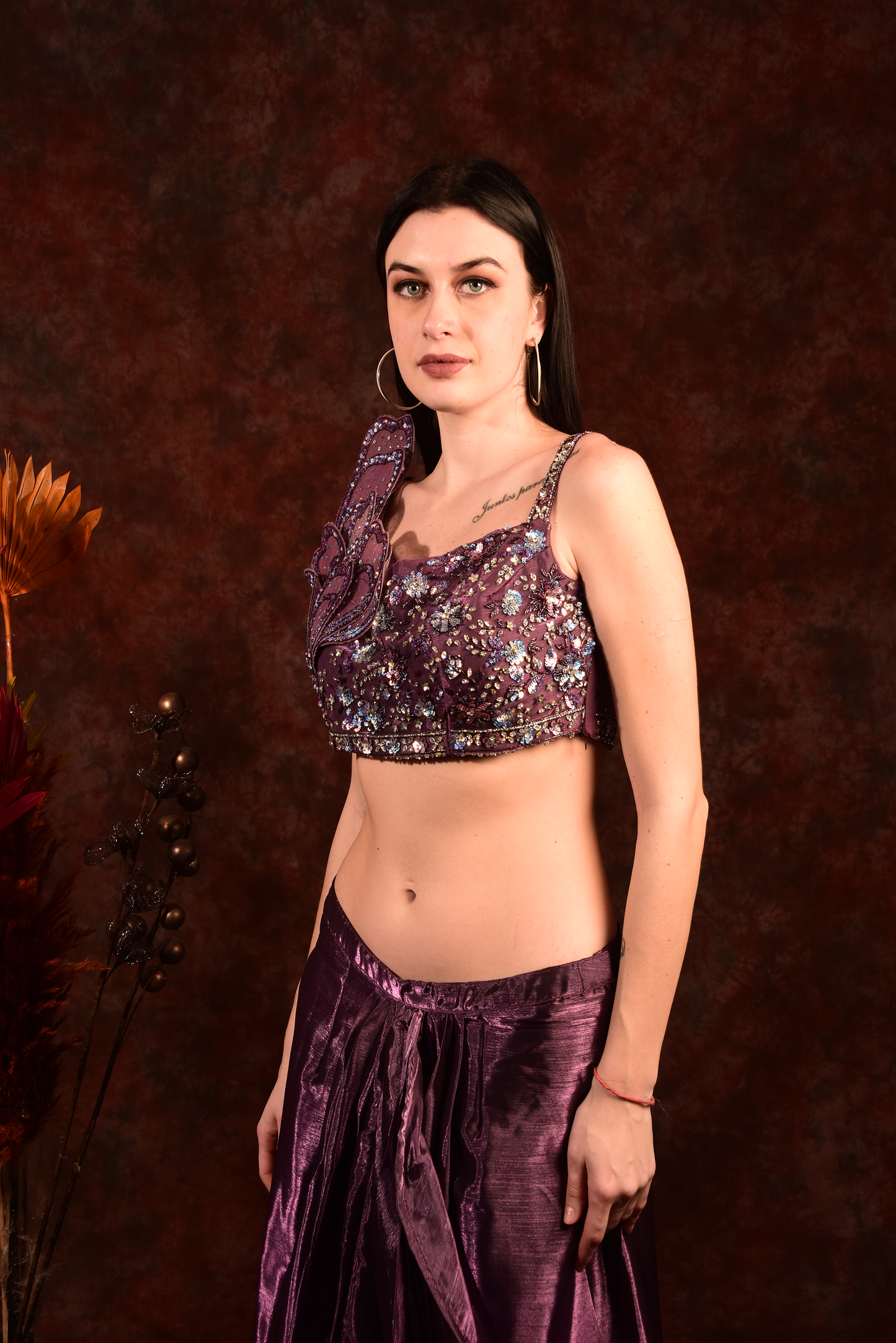 Metallic purple crop top with drape skirt and attached dupatta